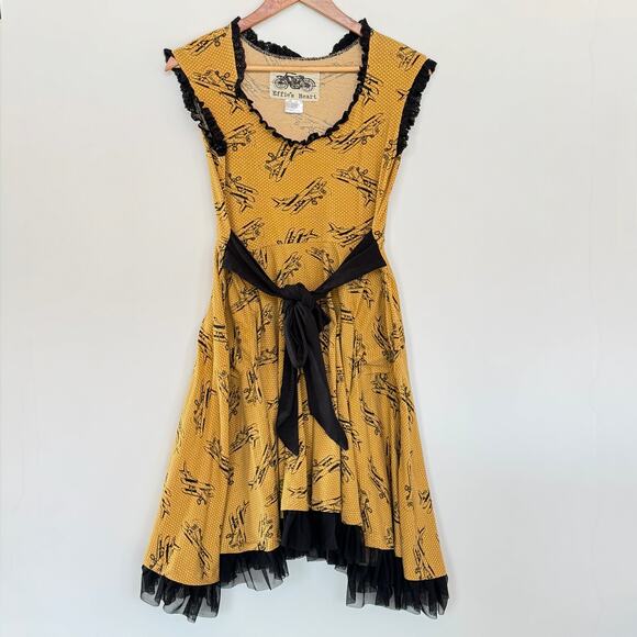 Effie’s Heart yellow A-Line black Lace-trimmed “Caron” Dress, M, airplane print - Picture 1 of 11